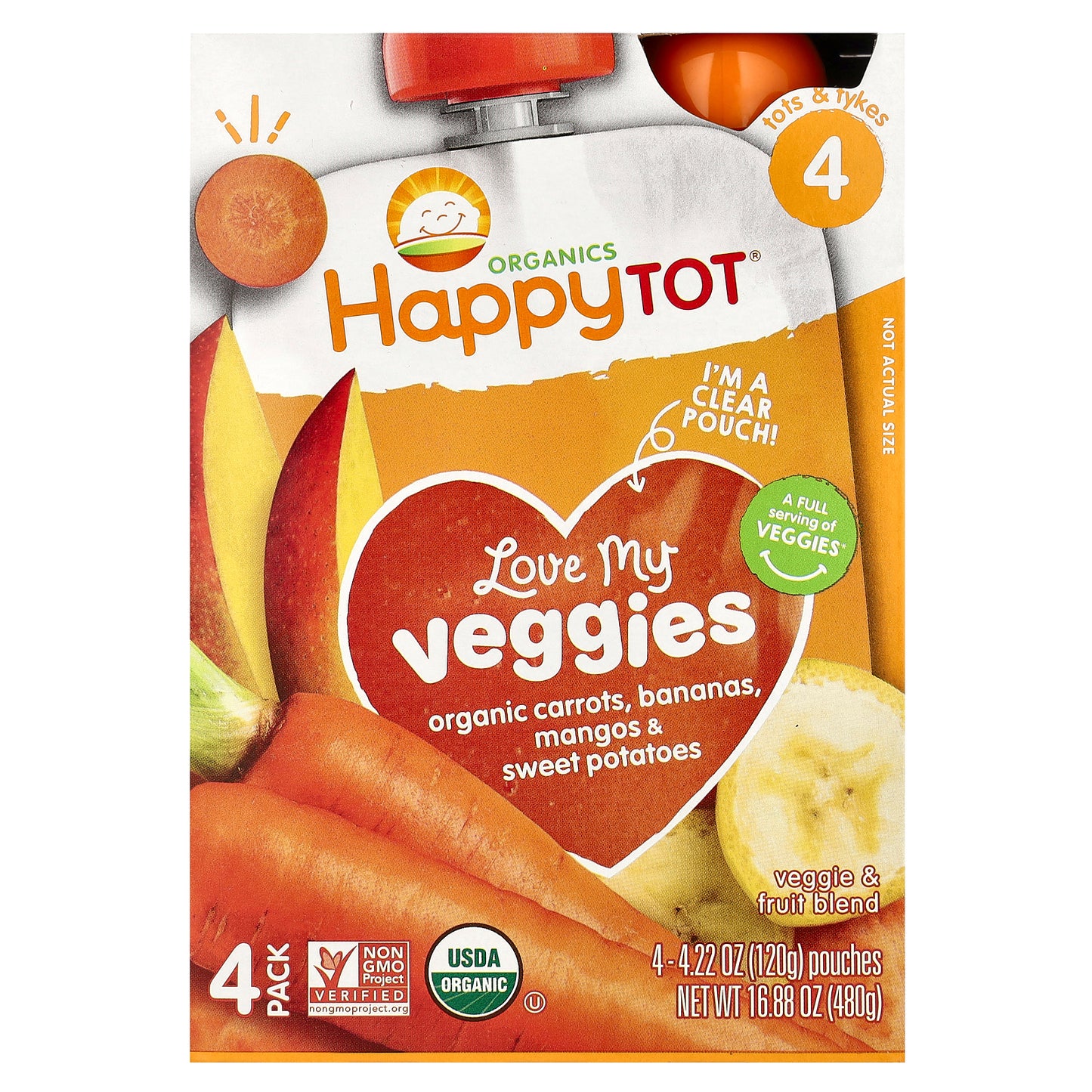 Happy Family Organics, Happy Tot®, Love My Veggies, Stage 4, Organic Carrots, Bananas, Mangos & Sweet Potatoes, 4 Pouches, 4.22 oz (120 g) Each