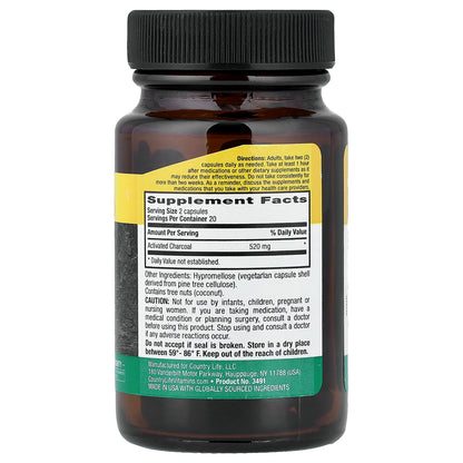 Country Life, Activated Charcoal, Coconut, 40 Vegan Capsules (260 mg per Capsule)