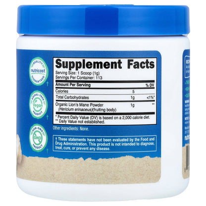 Nutricost, Organic Lion's Mane Mushroom, Unflavored, 4 oz (113 g)