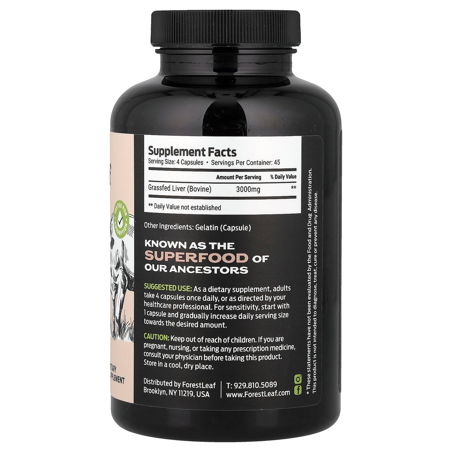 Forest Leaf, Grass Fed Beef Liver, 180 Capsules (750 mg per Capsule)