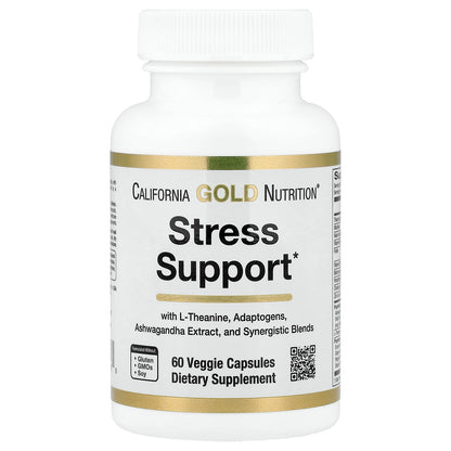 California Gold Nutrition, Stress Support with L-Theanine, Ashwagandha, Botanical Blend, and Enzymes, 60 Veggie Capsules