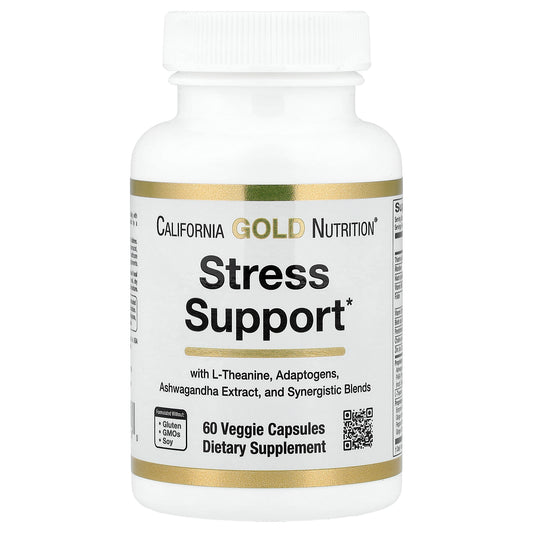 California Gold Nutrition, Stress Support with L-Theanine, Ashwagandha, Botanical Blend, and Enzymes, 60 Veggie Capsules