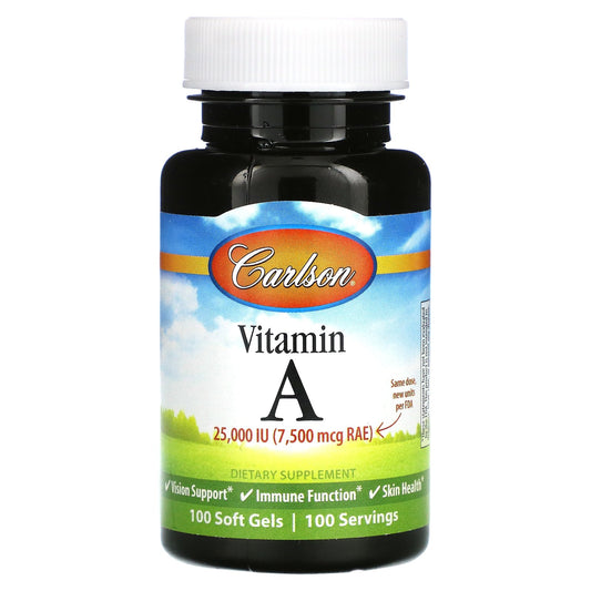 Carlson, Vitamin A, 7,500 mcg RAE (25,000 IU), 100 Soft Gels