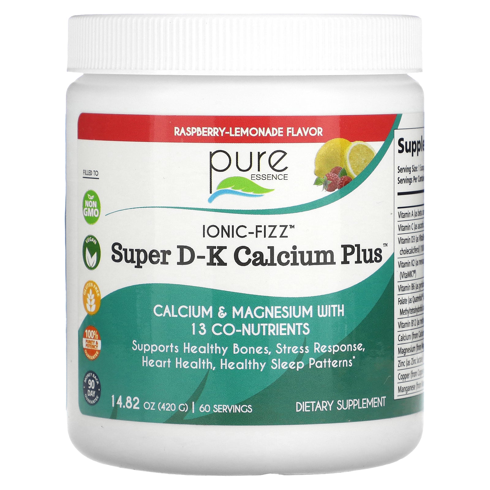 Pure Essence, Ionic-Fizz, Super D-K Calcium Plus, Raspberry Lemonade, 14.82 oz (420 g)