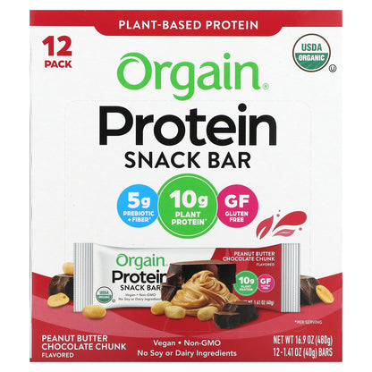 Orgain, Organic Plant-Based Protein Bar, Peanut Butter Chocolate Chunk, 12 Bars, 1.41 oz (40 g) Each