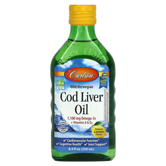 Carlson, Wild Norwegian, Cod Liver Oil, Natural Lemon , 1,000 mg, 8.4 fl oz (250 ml)