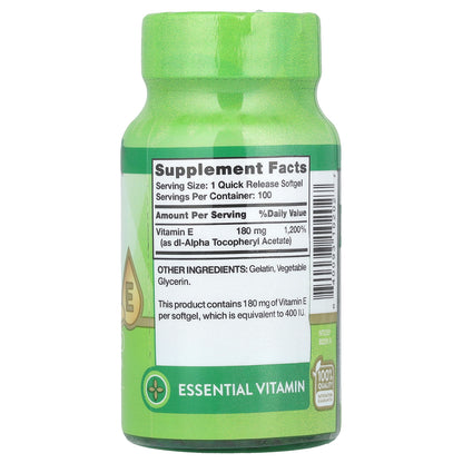 Nature's Truth, Vitamin E, High Potency , 180 mg (400 IU), 100 Quick Release Softgels