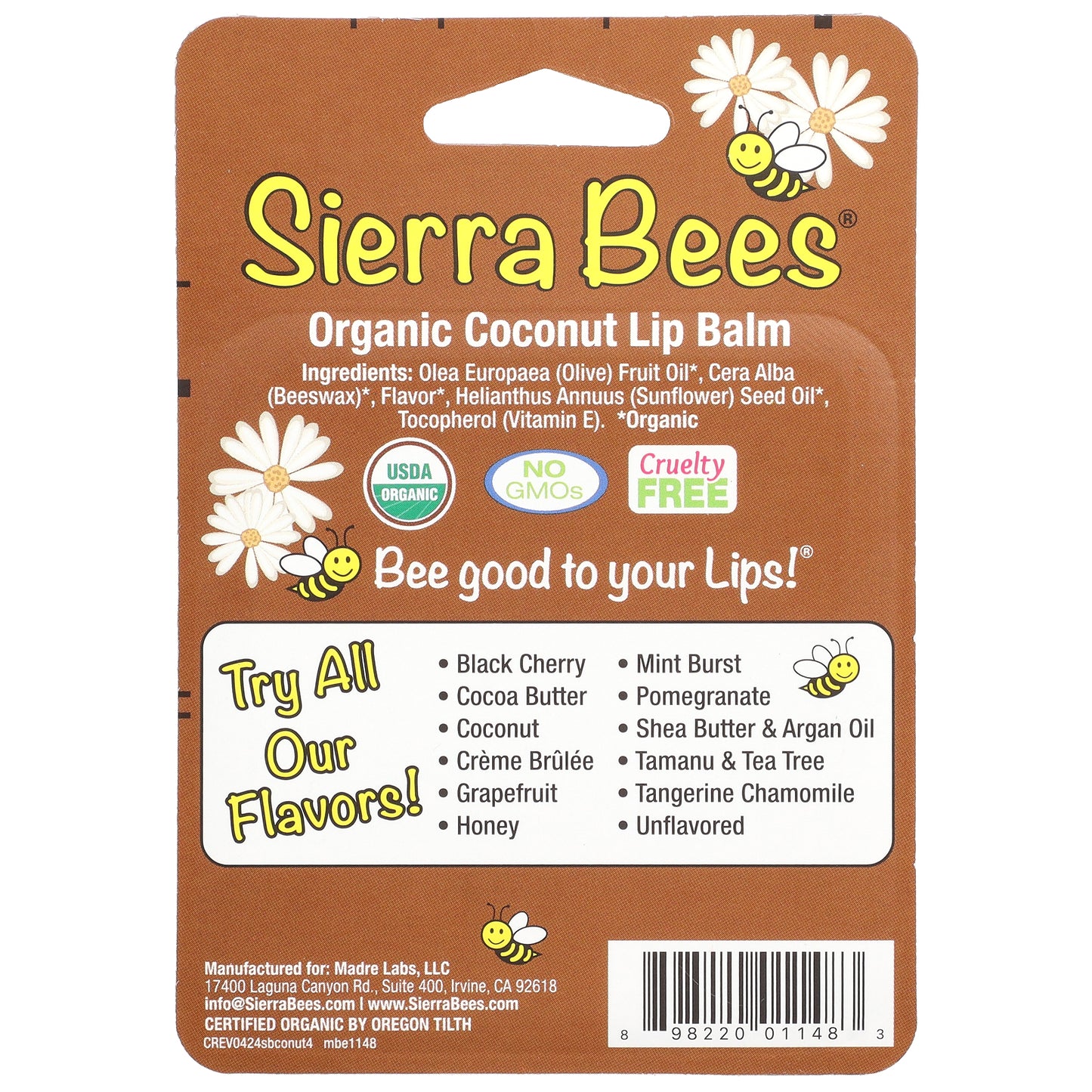 Sierra Bees, Organic Lip Balms, Coconut, 4 Pack, 0.15 oz (4.25 g) Each