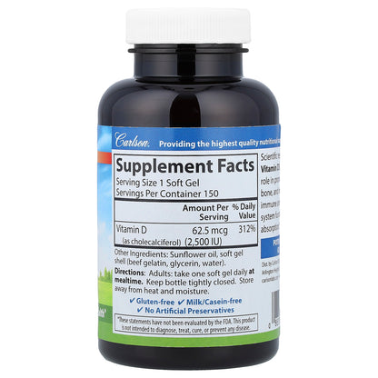Carlson, Vitamin D3, 62.5 mcg (2,500 IU), 150 Soft Gels