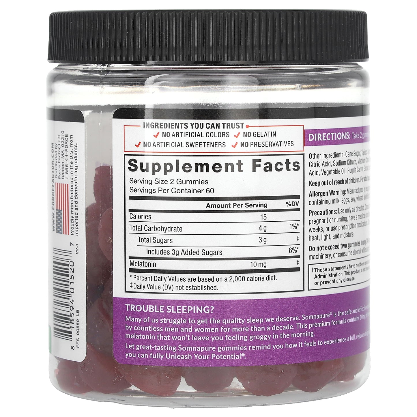 Force Factor, Somnapure®, Great Tasting Melatonin Gummies, Dream Berry, 10 mg, 120 Gummies (5 mg per Gummy)