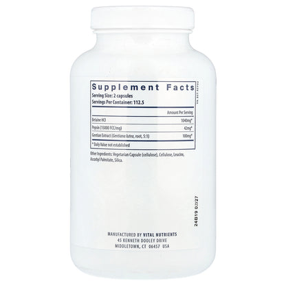 Vital Nutrients, Betaine HCl Pepsin with Gentian Root Extract, 225 Capsules