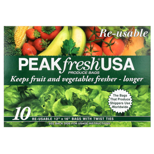 PEAKfresh USA, Produce Bags with Twist Ties, 10 Re-Usable Bags