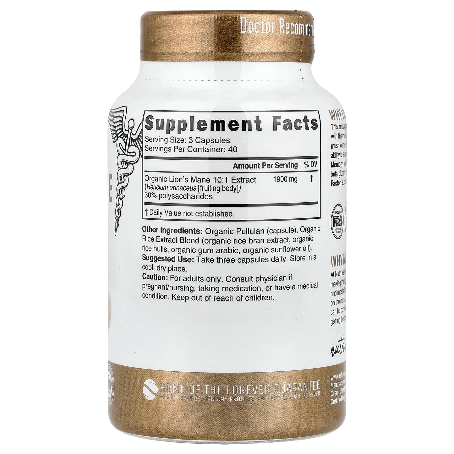 Nutri, Organic Lion's Mane, 120 Organic Capsules (633 mg per Capsule)