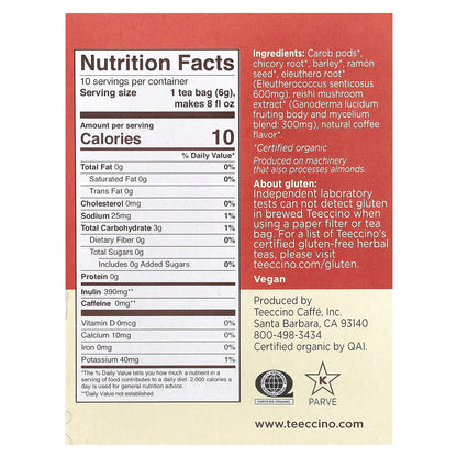 Teeccino, Mushroom Herbal Tea, Reishi Eleuthero, French Roast, Caffeine Free, 10 Tea Bags, 2.12 oz (60 g)