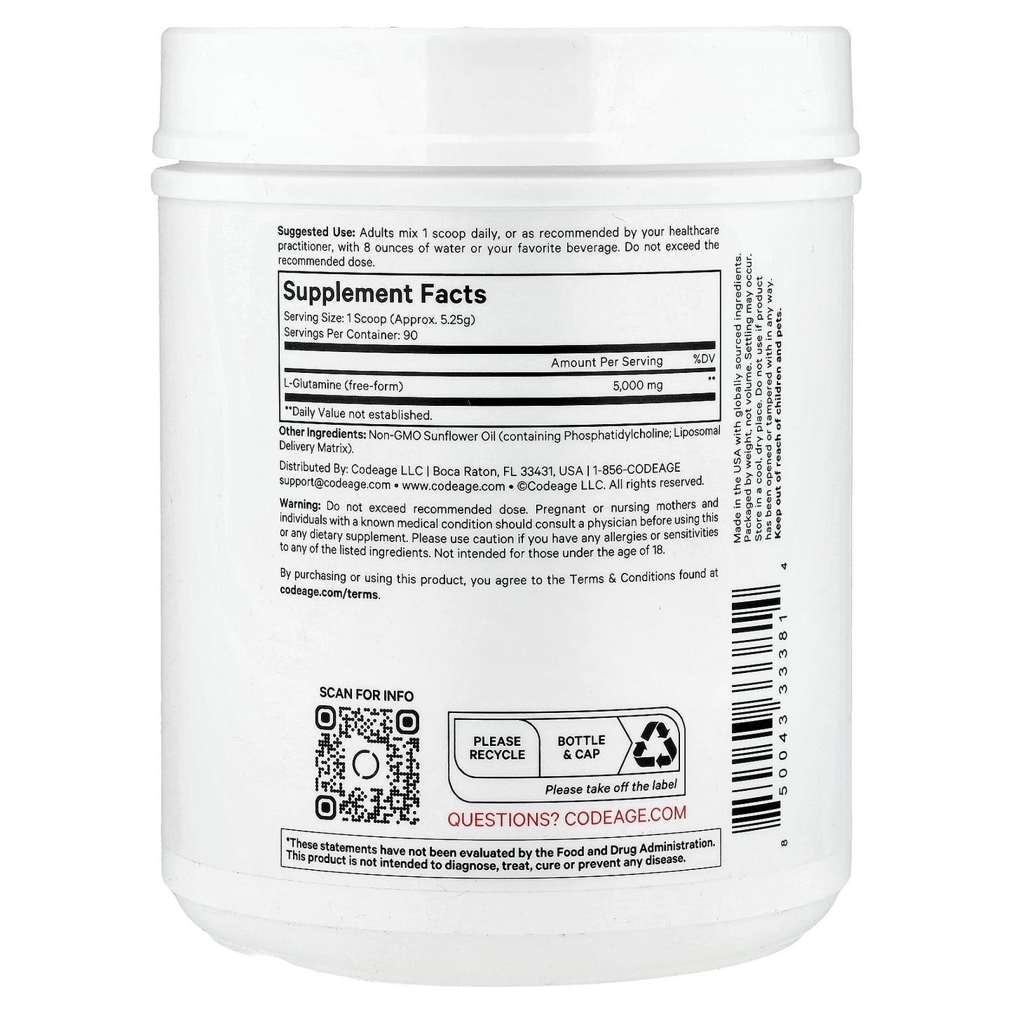 Codeage, Liposomal L-Glutamine+ Powder, Unflavored, 16.67 oz (472.5 g)