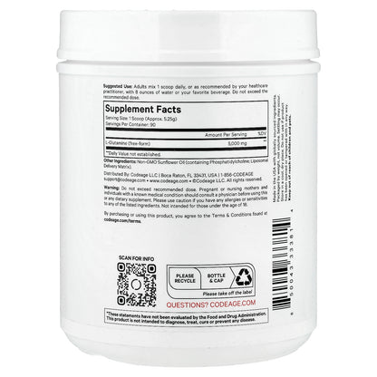Codeage, Liposomal L-Glutamine+ Powder, Unflavored, 16.67 oz (472.5 g)