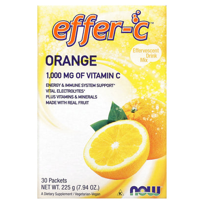 NOW Foods, Effer-C, Effervescent Drink Mix, Orange, 1,000 mg, 30 Packets, .26 oz (7.5 g) Each