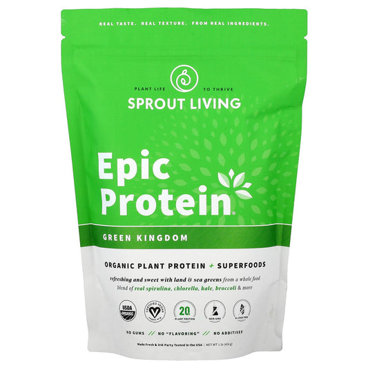 Sprout Living, Epic Protein®, Organic Plant Protein + Superfoods, Green Kingdom, 1 lb (456 g)