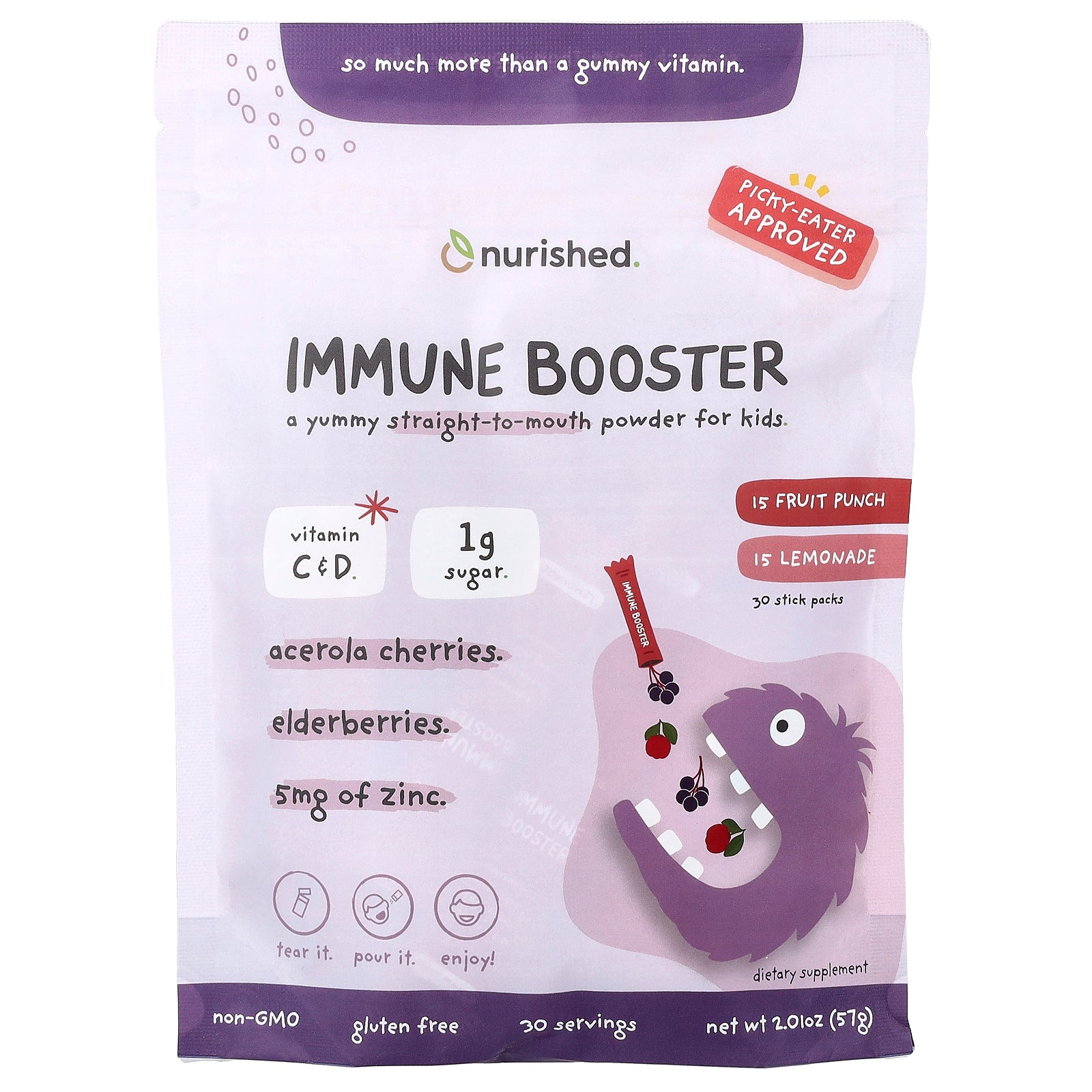 Nurished, Immune Booster, Fruit Punch, Lemonade, 30 Stick Packs, 2.01 oz (57 g)