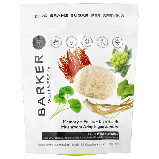 Barker Wellness Co, Mushroom Adaptogen Gummies, Passion Fruit Watermelon Punch, 60 Gummies