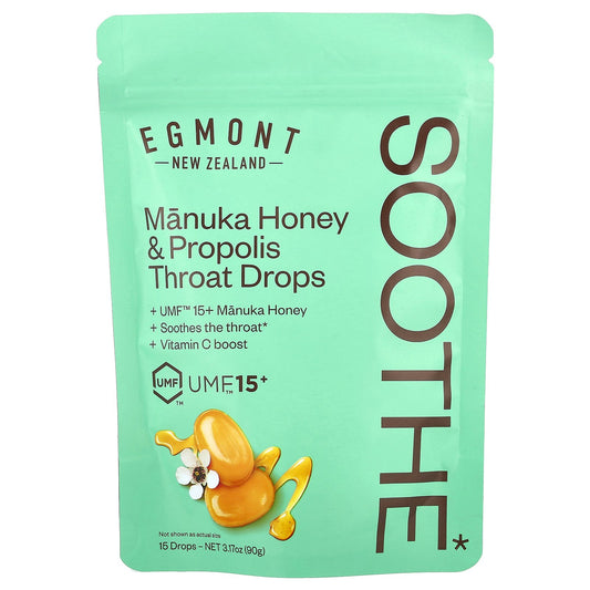 Egmont Honey, Manuka Honey & Propolis Throat Drops, UMF™ 15+, 15 Drops, 3.17 oz (90 g)