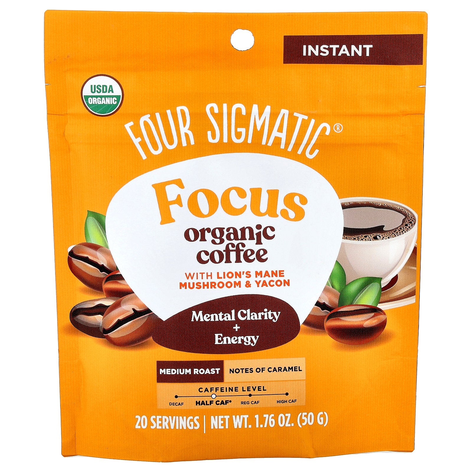 Four Sigmatic, Focus, Organic Instant Coffee with Lion's Mane Mushroom & Yacon, Medium Roast, 1.76 oz (50 g)