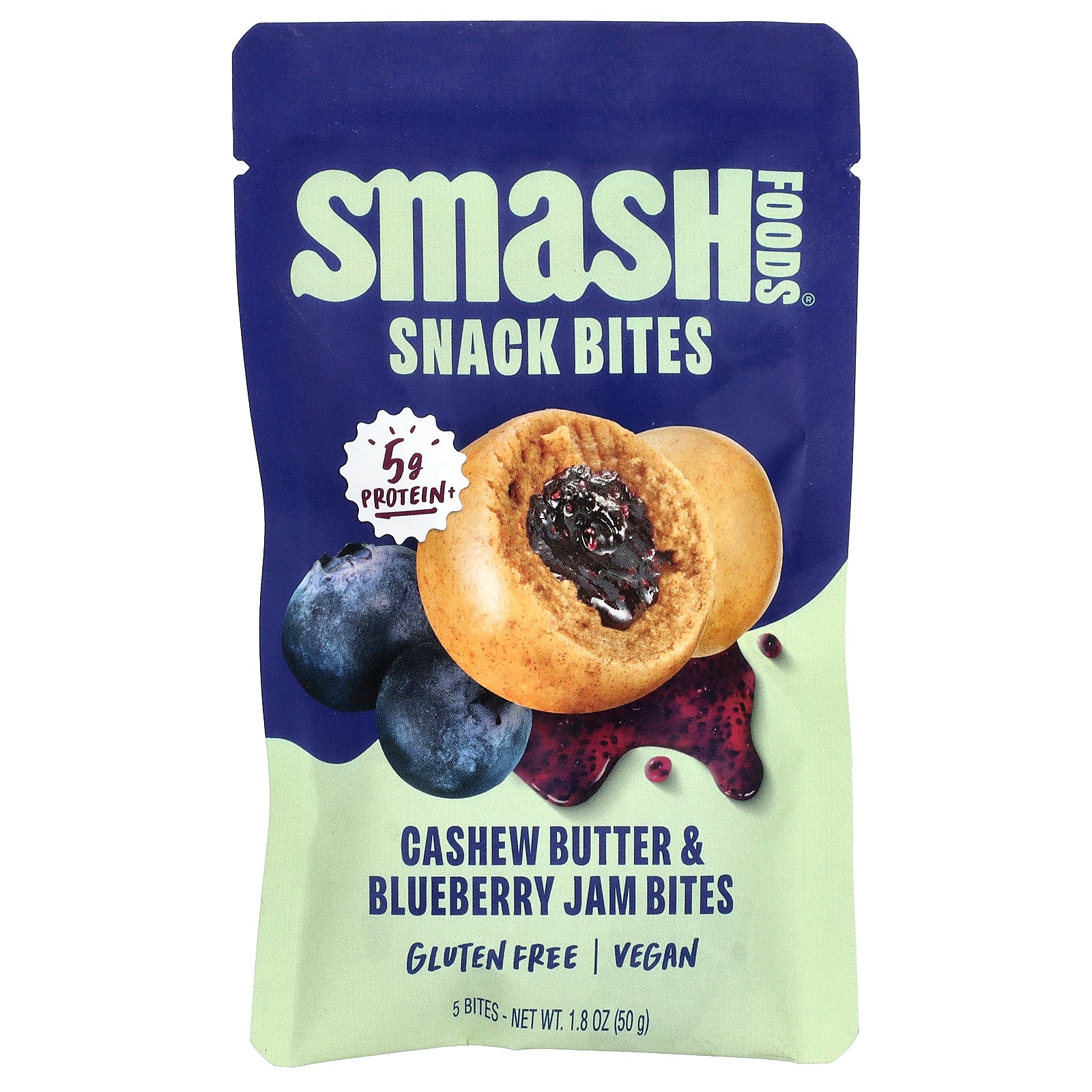 Smash Foods, Snack Bites, Cashew Butter & Blueberry Jam, 5 Bites, 1.8 oz (50 g)