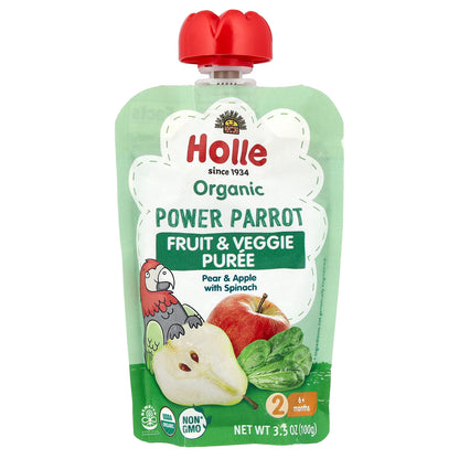 Holle, Organic Fruit & Veggie Puree, Power Parrot, 6+ Months, Pear & Apple With Spinach, 3.5 oz (100 g)