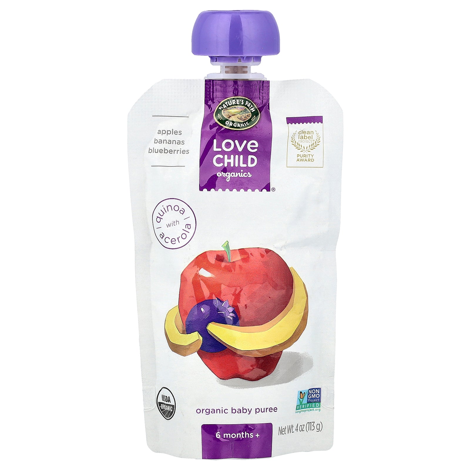Love Child Organics, Nature's Path, Organic Baby Puree, 6 Months+, Apples, Bananas, Blueberries, 4 oz (113 g)