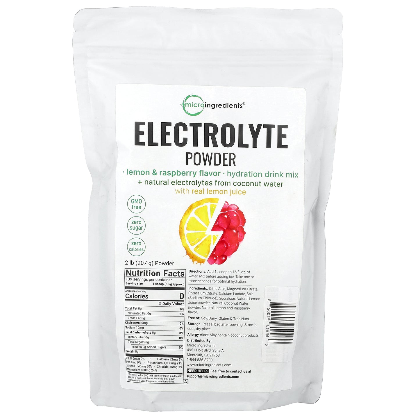 Micro Ingredients, Electrolyte Powder, Lemon & Raspberry, 2 lb (907 g)