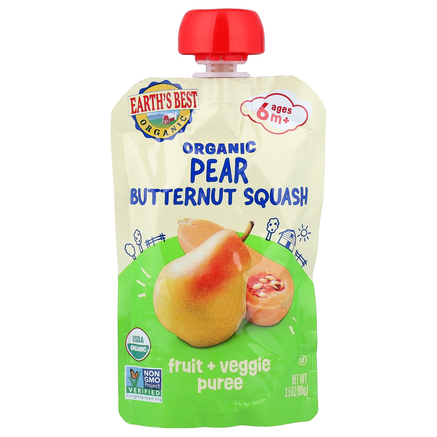 Earth's Best, Organic Fruit + Veggie Puree, 6+ Months, Pear Butternut Squash, 3.5 oz (99 g)