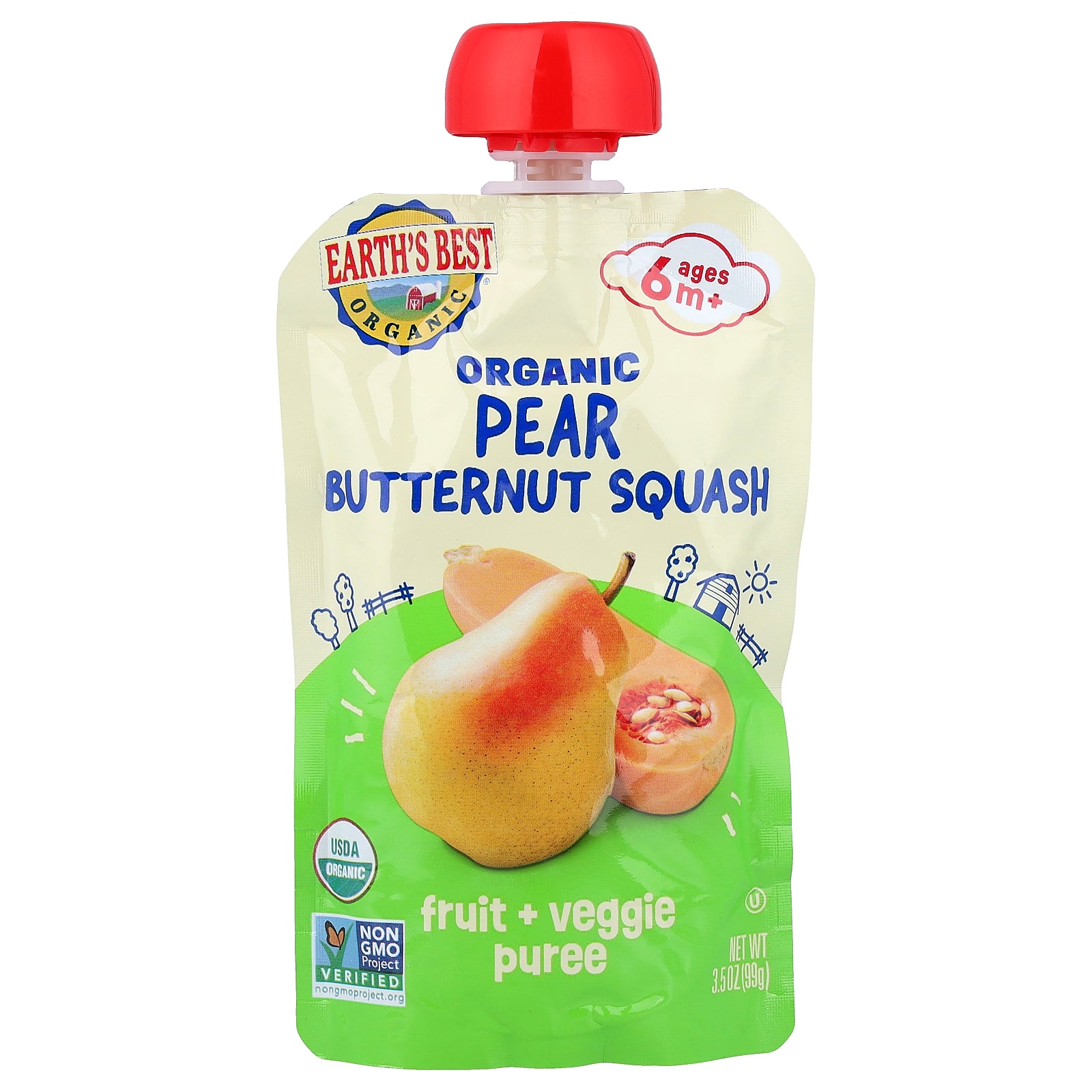 Earth's Best, Organic Fruit + Veggie Puree, 6+ Months, Pear Butternut Squash, 3.5 oz (99 g)
