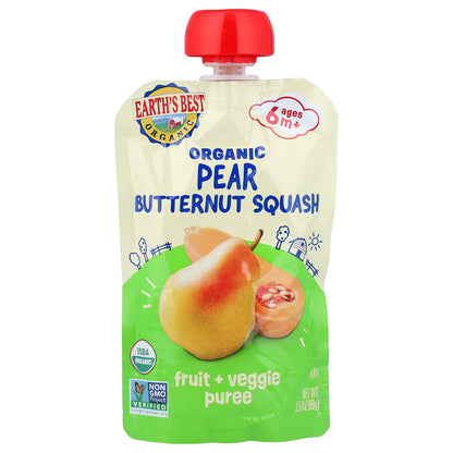 Earth's Best, Organic Fruit + Veggie Puree, 6+ Months, Pear Butternut Squash, 3.5 oz (99 g)