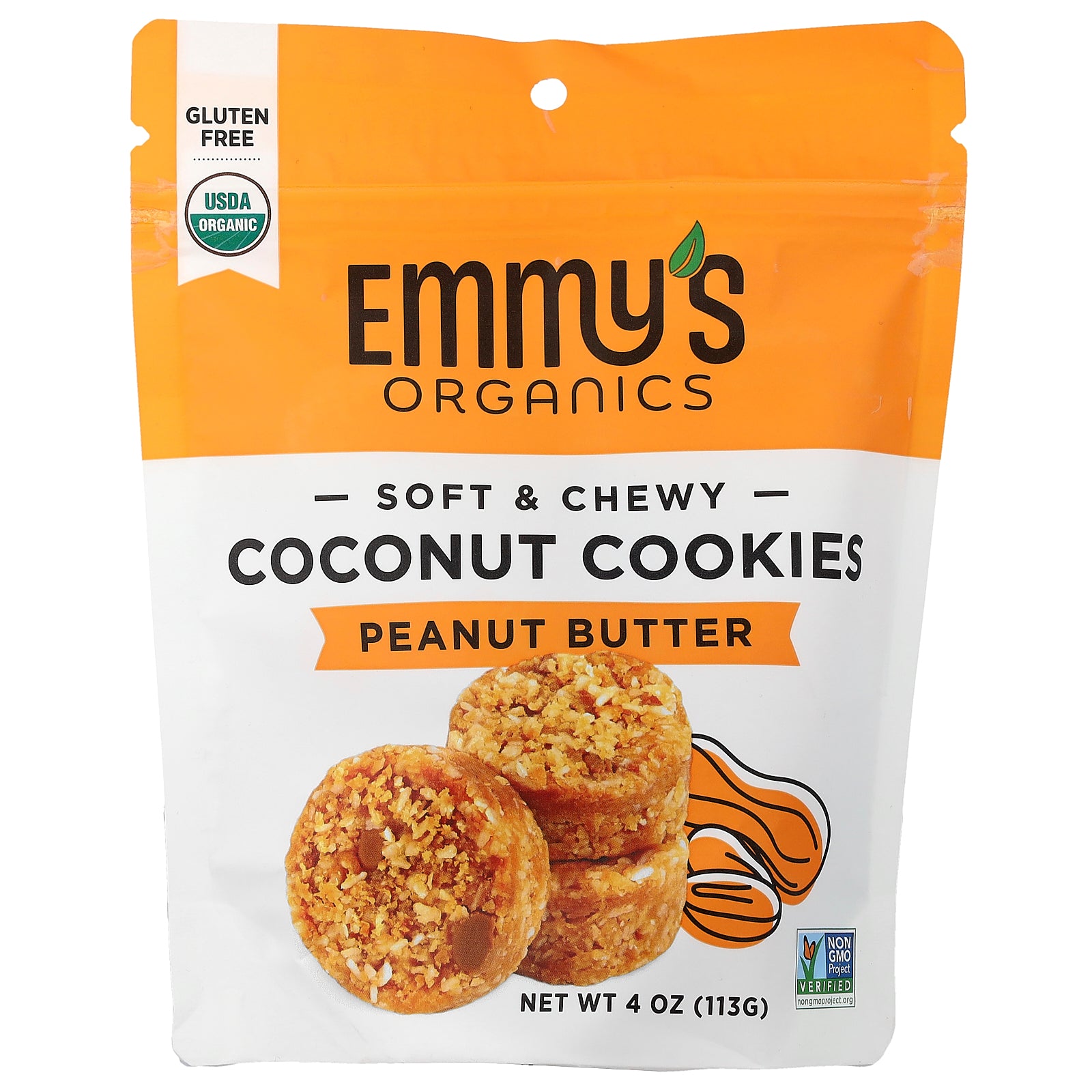 Emmy's Organic Cookies, Soft & Chewy Coconut Cookies, Peanut Butter, 4 oz (113 g)