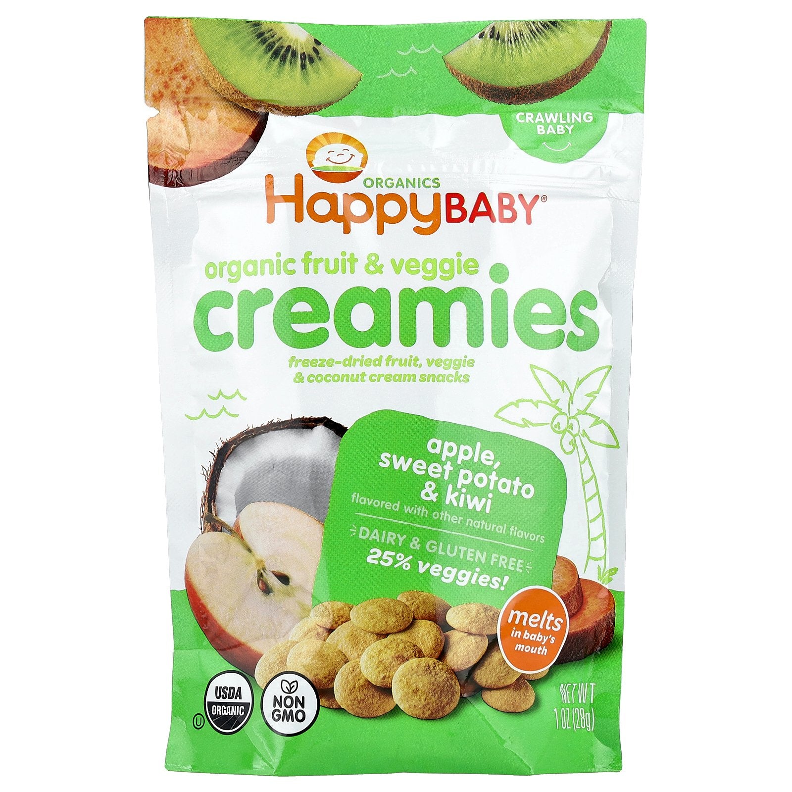 Happy Family Organics, Happy Baby, Organic Fruit & Veggie Creamies, Crawling Baby, Apple, Sweet Potato & Kiwi, 1 oz (28 g)