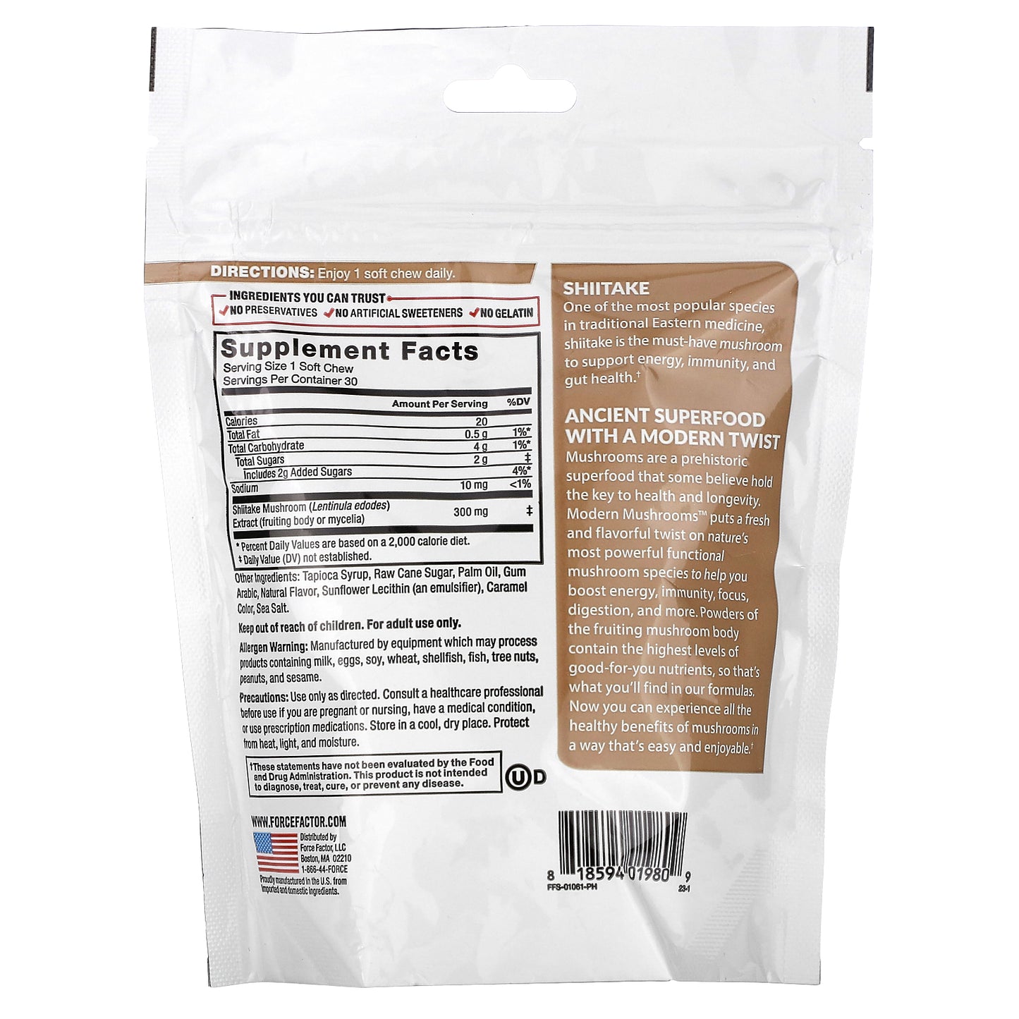 Force Factor, Modern Mushrooms™, Shiitake, Caramel Apple, 300 mg, 30 Superfood Soft Chews