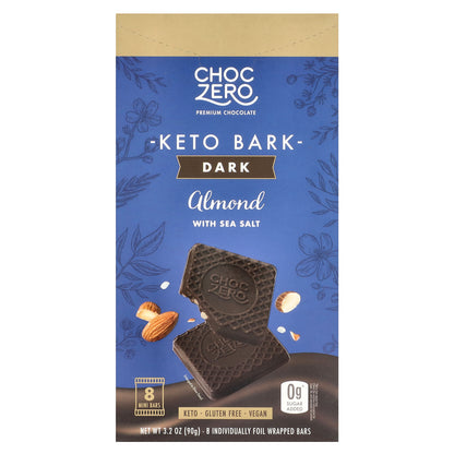 ChocZero, Keto Bark, Dark Chocolate, Almond With Sea Salt, 8 individually Foil Wrapped Bars, 3.2 oz (90 g)