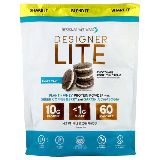Designer Wellness, Designer Lite®, Plant + Whey Protein Powder, Chocolate Cookies & Cream, 1.6 lb (720 g)