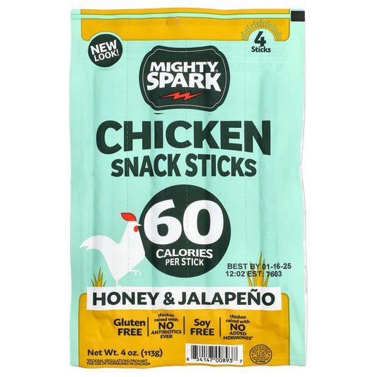 Mighty Spark, Chicken Snack Sticks, Honey & Jalapeno, 4 Sticks