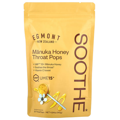 Egmont Honey, Manuka Honey Throat Pops, UMF™ 15+, 20 Throat Pops, 4.94 oz (140 g)