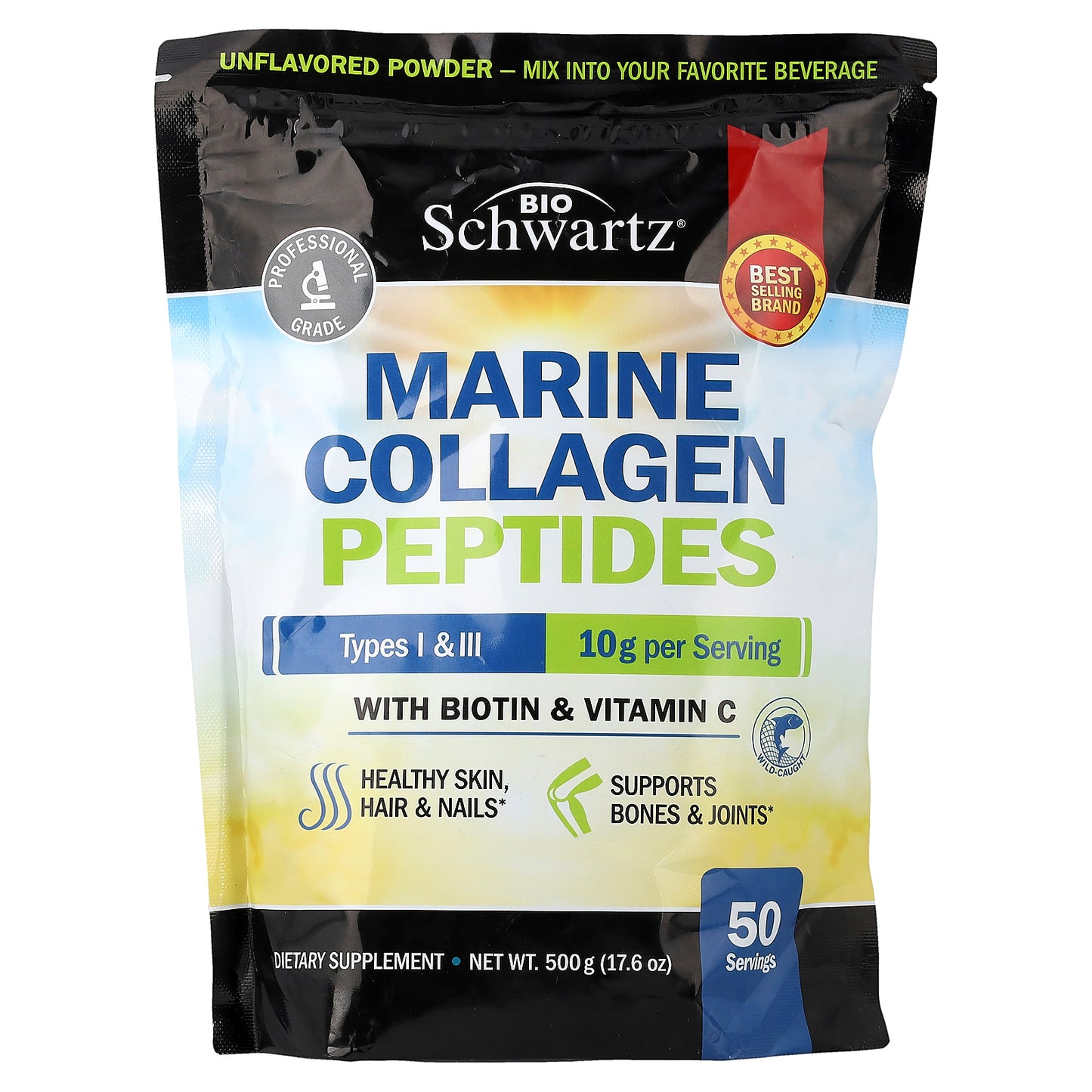 BioSchwartz, Marine Collagen Peptides Powder, Types I & III, With Biotin & Vitamin C, Unflavored, 17.6 oz (500 g)