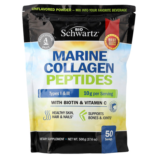 BioSchwartz, Marine Collagen Peptides Powder, Types I & III, With Biotin & Vitamin C, Unflavored, 17.6 oz (500 g)