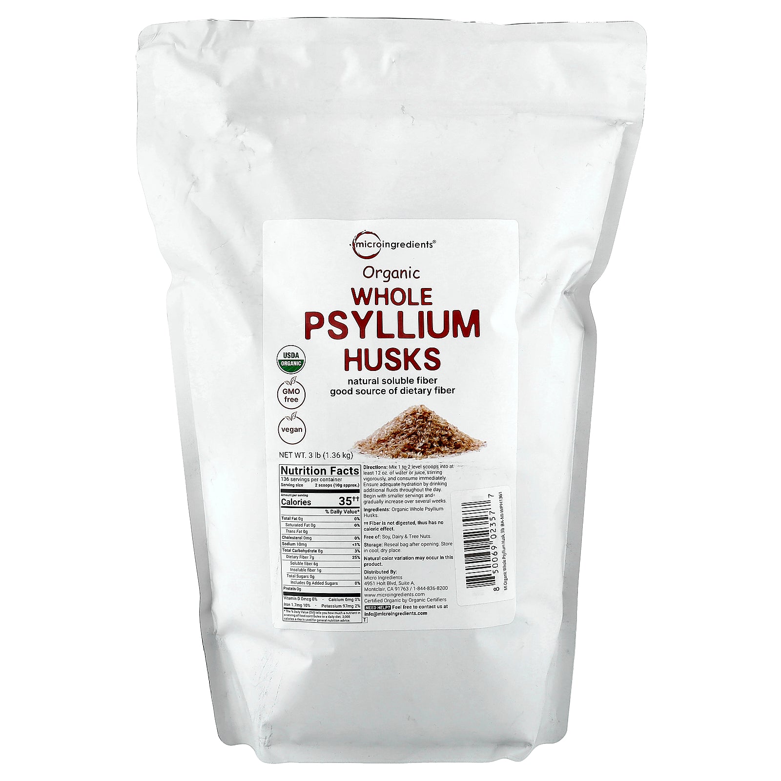 Micro Ingredients, Organic Whole Psyllium Husks, 3 lb (1.36 kg)