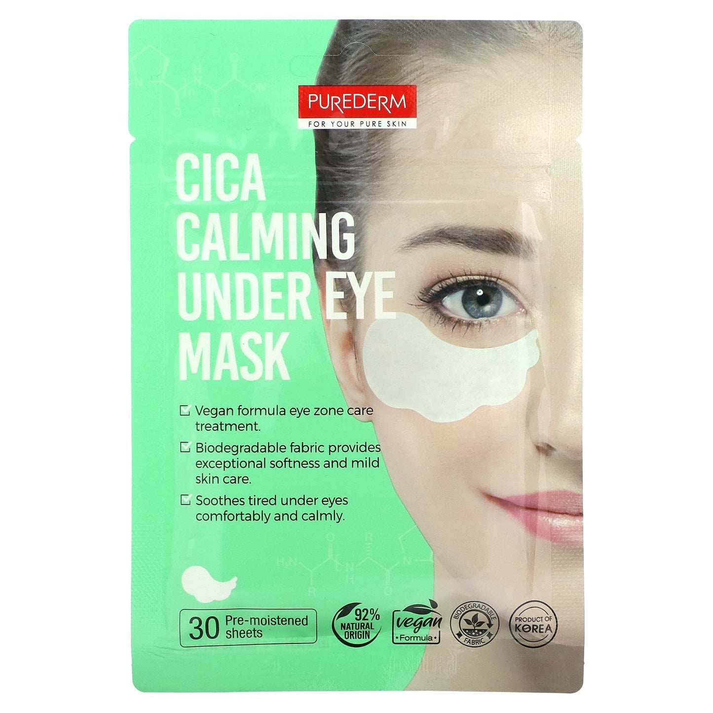 Purederm, Cica Calming Under Eye Beauty Mask, 30 Pre-Moistened Sheet Masks