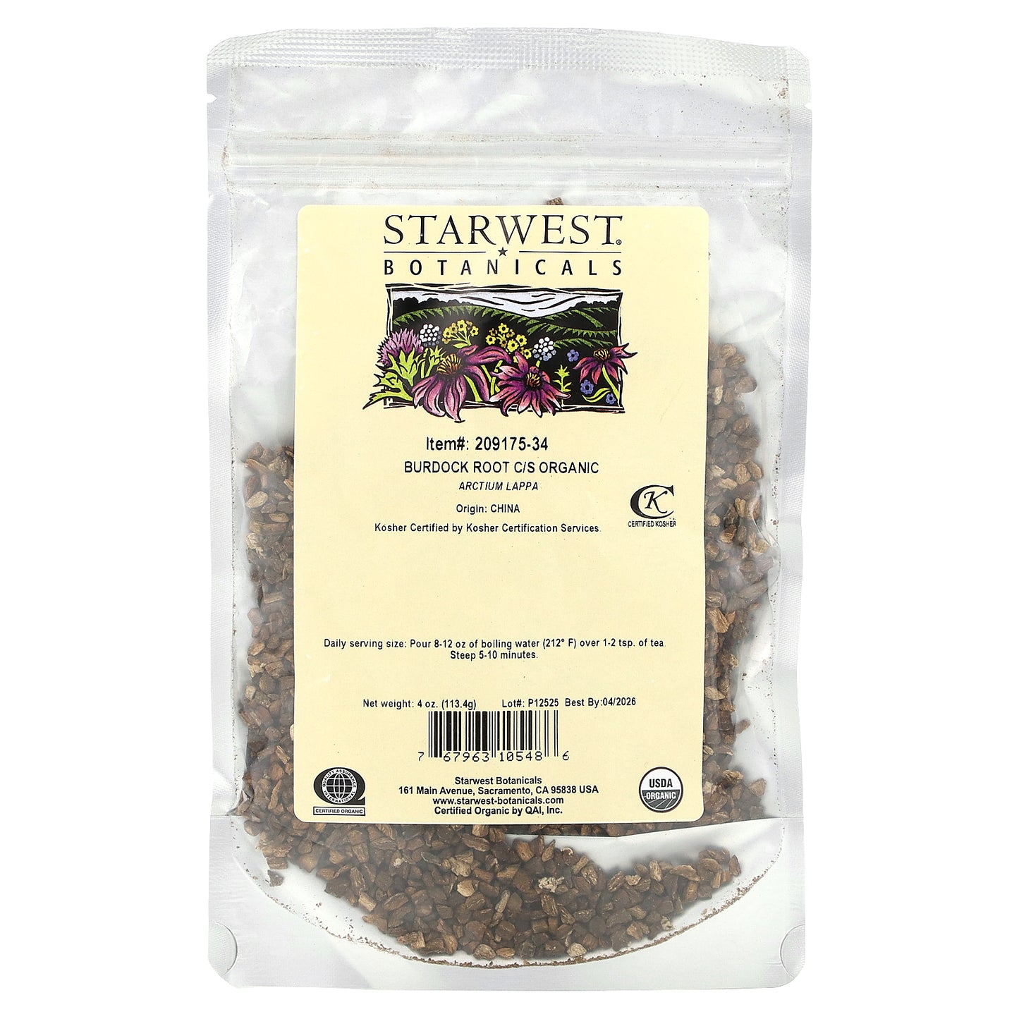 Starwest Botanicals, Organic Burdock Root, Cut & Sifted, 4 oz (113.4 g)