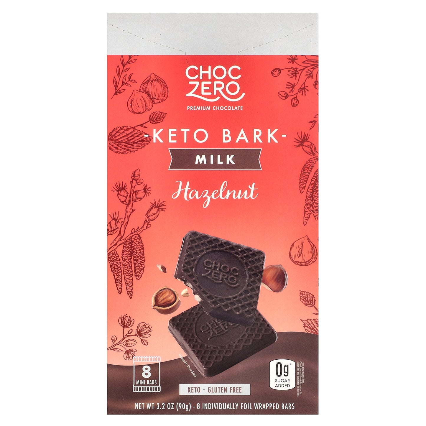 ChocZero, Keto Bark, Milk Chocolate, Hazelnut, 8 Mini Bars, 3.2 oz (90 g)