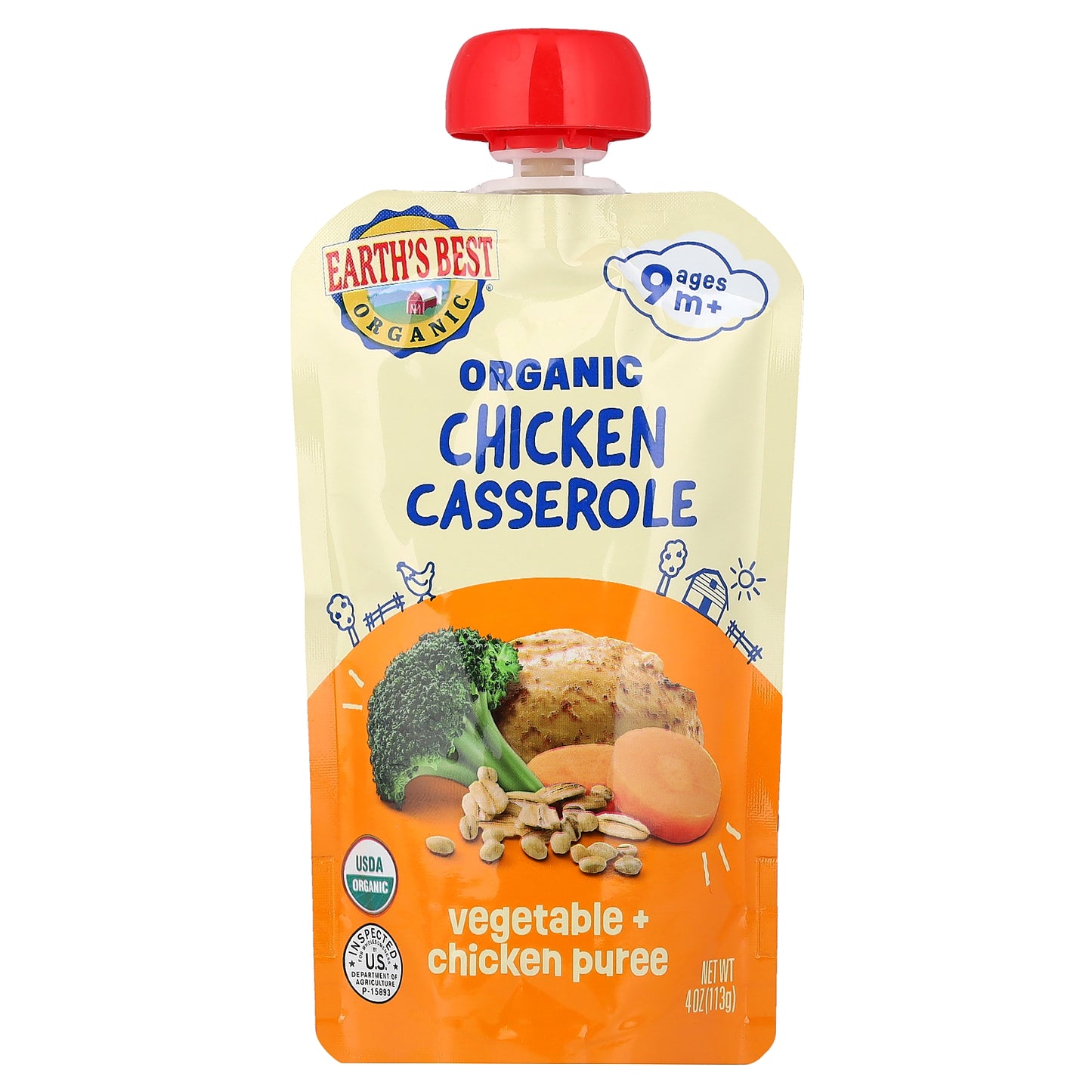 Earth's Best, Organic Vegetable + Chicken Puree, 9+ Months, Chicken Casserole, 4 oz (113 g)