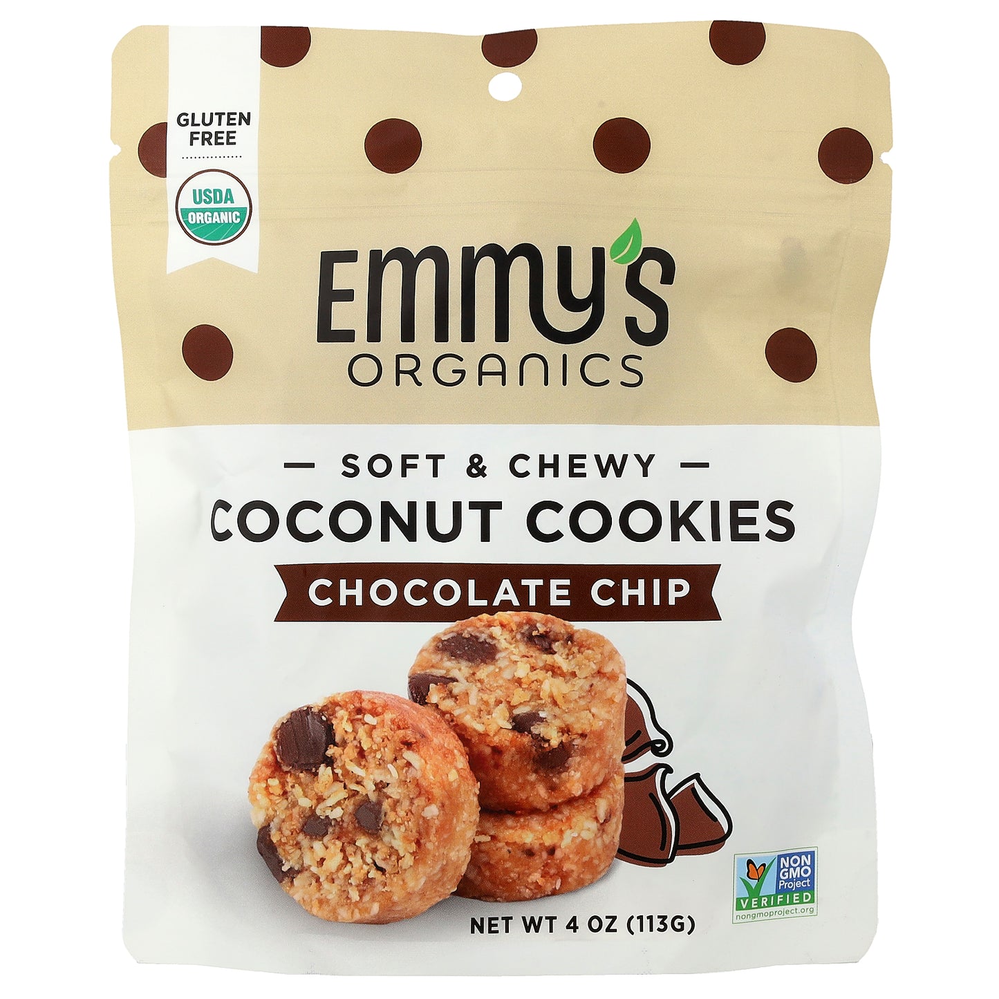 Emmy's Organic Cookies, Soft & Chewy Coconut Cookies, Chocolate Chip, 4 oz (113 g)