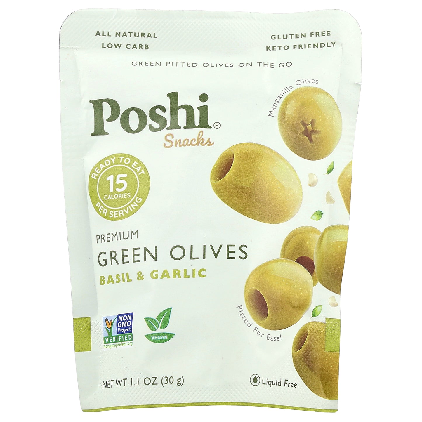 Poshi, Snacks, Premium Green Olives, Basil & Garlic, 1.1 oz (30 g)