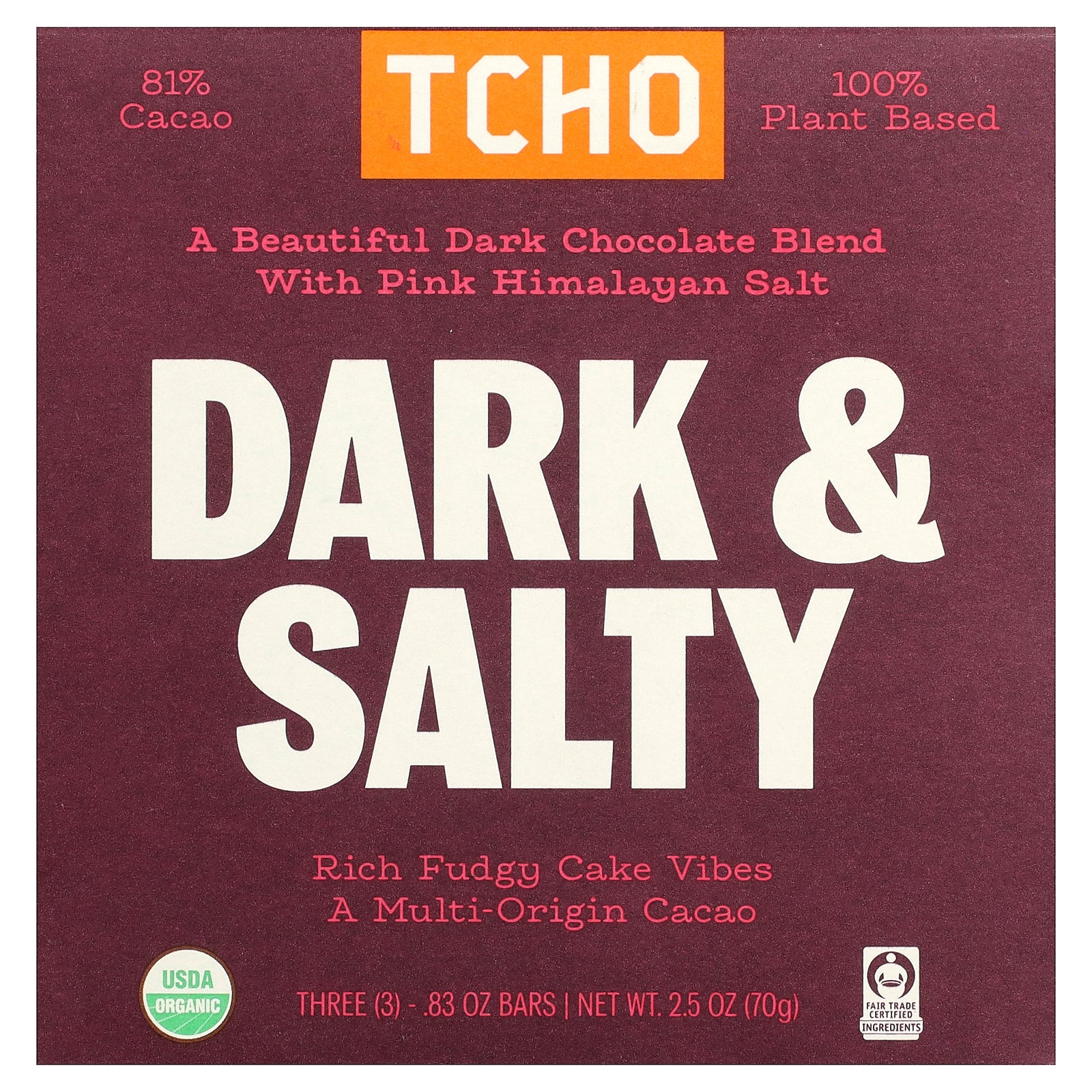TCHO, Dark & Salty, Dark Chocolate with Pink Himalayan Salt, 81% Cacao, 3 Bars, 0.83 oz Each